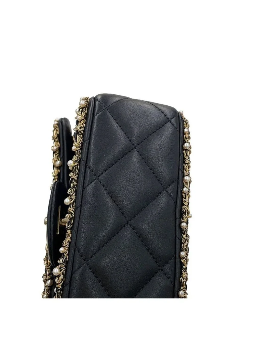 Chanel Chain Shoulder Bag Mini Quilted CC Logo Lambskin Faux Pearl Black